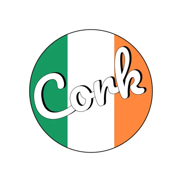 Vector illustration of Round button Icon of national flag of Ireland with green, white and orange colors and inscription of city name Cork. lettering for logo, banner, t-shirt print. Vector EPS10 illustration.