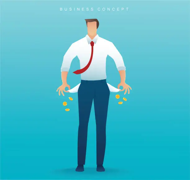 Vector illustration of poor man showing his empty pockets on blue background vector illustration EPS10