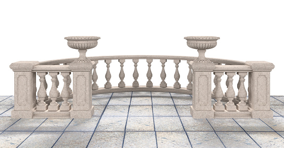 Semicircular balustrade with vases and tiled floor on a white background