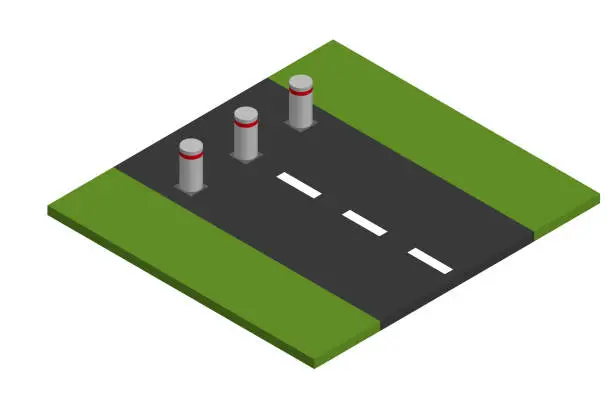 Vector illustration of Automatic retractable bollards limiting traffic on the city road. Vector isometric illustration.