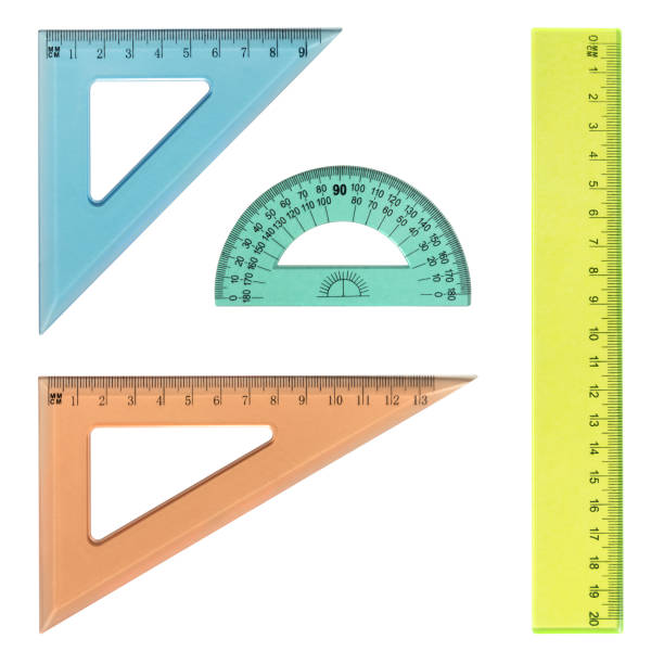 multi-colored transparent rulers isolated on white - ruler triangle work tool drawing imagens e fotografias de stock