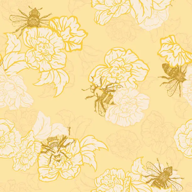 Vector illustration of Vector Honey Yellow Bees with Roses seamless pattern background.