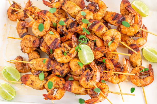 istock Grilled Shrimp / Prawn Kebab Directly Above Photo 1161403667