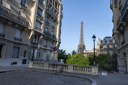 Europe, France, Paris, 2019-06, Eiffel Tower monument vied from Avenue de Camoens, 16eme.