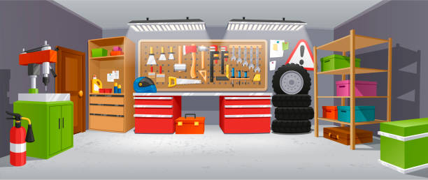 garage hintergrund, gebäude für ein auto zu halten - werkstatt stock-grafiken, -clipart, -cartoons und -symbole