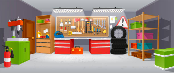 Garage background, building for a car to keep Garage background, building for a car to keep. Small shop area where vehicles are repaired, stored, sold. Vector illustration modern house driveway stock illustrations