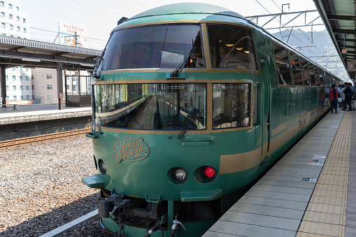 Oita, Japan - May 3, 2019 : The vintage retro green express train \
