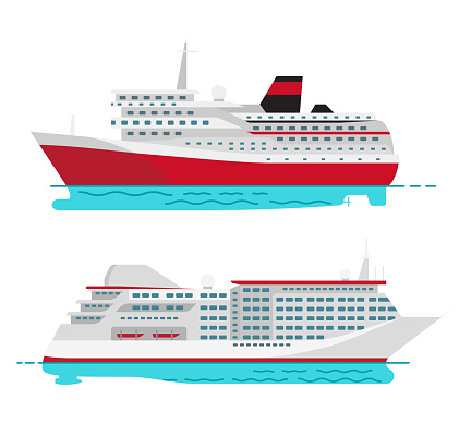 Spacious luxury cruise liner and big red steamer on water surface isolated on white background. Seagoing ships vector illustrations.