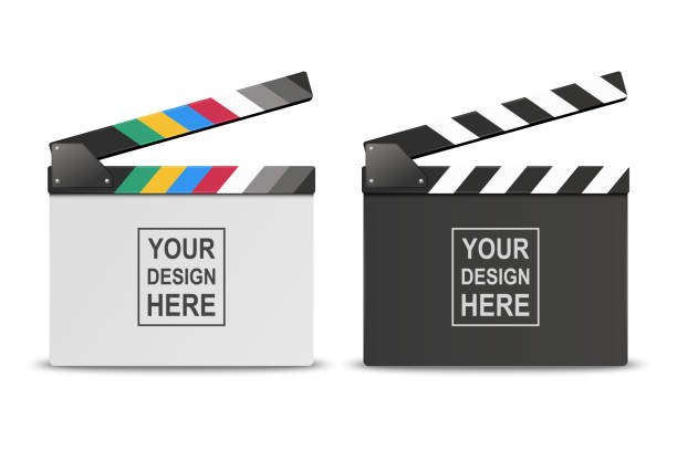 illustrazioni stock, clip art, cartoni animati e icone di tendenza di vector 3d realistic opened white and black blank movie film clap board icon set closeup isolated on white background. modello di design di clapperboard, slapstick, filmmaking device. vista frontale - slapstick