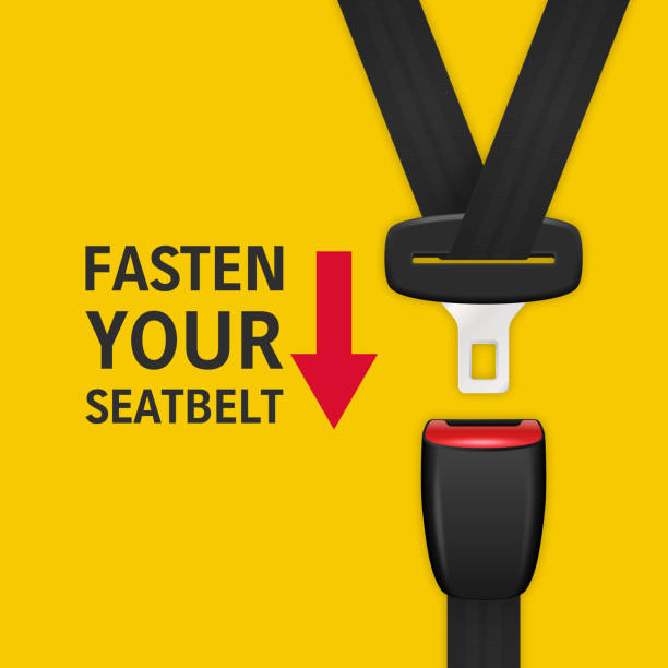 tło wektorowe z 3d realistycznie odblokowanym pasem bezpieczeństwa pasażera clopeup izolowane na żółtym. zapiąć pasy bezpieczeństwa. szablon projektu. widok z góry. koncepcja bezpieczeństwa transportu - warning sign seat belt stock illustrations