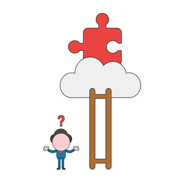 Vector illustration of Vector illustration of confused businessman character cannot reach missing puzzle piece on cloud with ladder and missing steps. Color and black outlines.