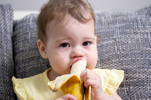 The child eats a banana. Portrait of a little baby girl close-up. Girl cleans a banana and eats pulp Caucasian Caucasian Brown Eyes Baby Eating Fruits