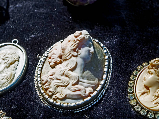 sale of old cameos, brooches, pendants at the flea market in Tbilisi near dry bridge