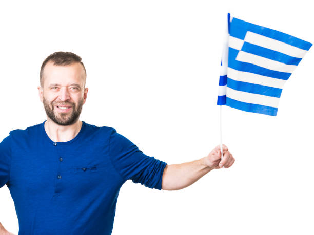 istock Man with greek waving flag, on white 1161423927