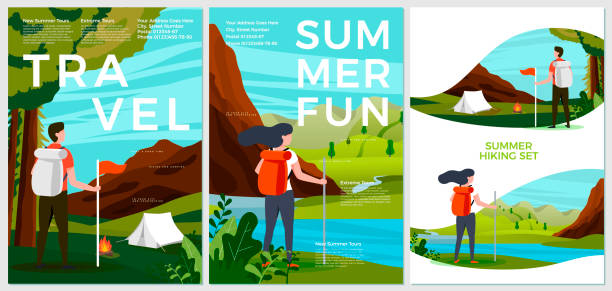 illustrations, cliparts, dessins animés et icônes de ensemble d'affiches d'été de vecteur - personnes de touristes - hiking outdoors women men