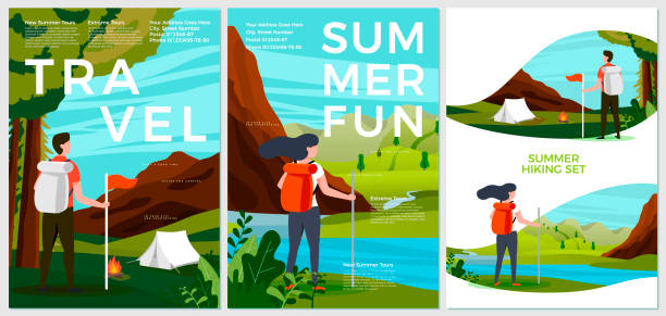 zestaw letnich plakatów wektorowych - osoby turystyczne - summer camp sign child summer stock illustrations