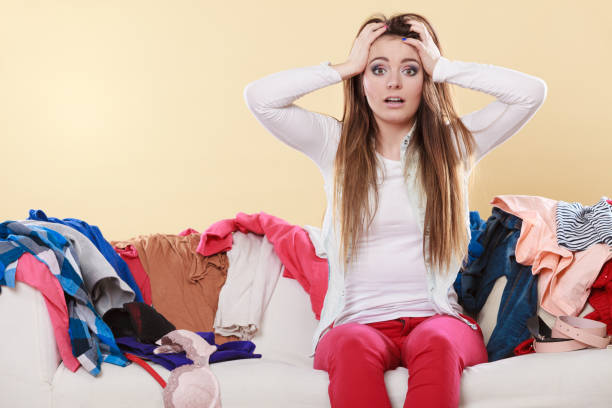 istock Desperate helpless woman in messy room home. 1161426106
