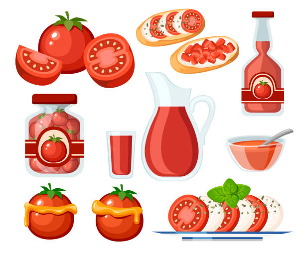 sammlung von tomatenprodukten und gerichten. frische und gekochte tomaten. tomaten in transparentem glas und saft in glaskrug. flache vektor-illustration isoliert auf weißem hintergrund - stuffed tomato stock-grafiken, -clipart, -cartoons und -symbole