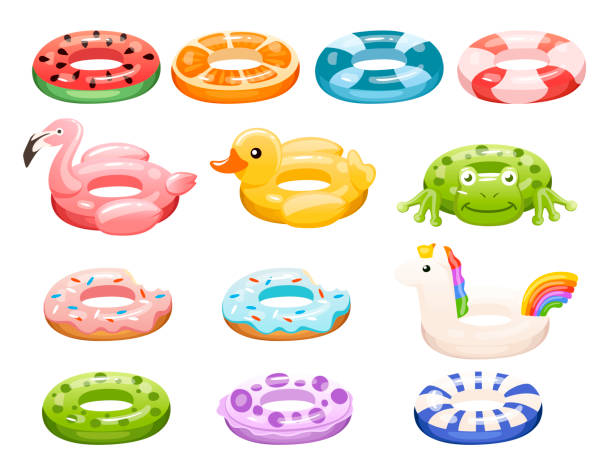 Swim rings set. Inflatable rubber toy. Swimming circles with different textures and shapes. Flat vector illustration isolated on white background Swim rings set. Inflatable rubber toy. Swimming circles with different textures and shapes. Flat vector illustration isolated on white background. inner tube stock illustrations