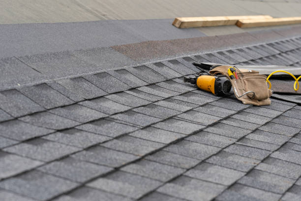 photo of toolbelt with instrument and nail gun lying on asphalt or bitumen shingle on top of the new roof under construction residential house or building - gun imagens e fotografias de stock