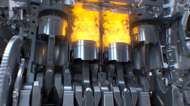 Car engine with explosions and sparks. Car Engine inside, Engine pistons, valves and crankshaft, Piston ignition time. crank mechanism photos stock pictures, royalty-free photos & images
