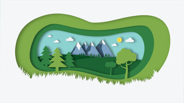 istock nature landscape with paper cut style design illustration.Green natural field with trees , hills , mountains and sky background.Summer with beautiful nature scene. 1161431467