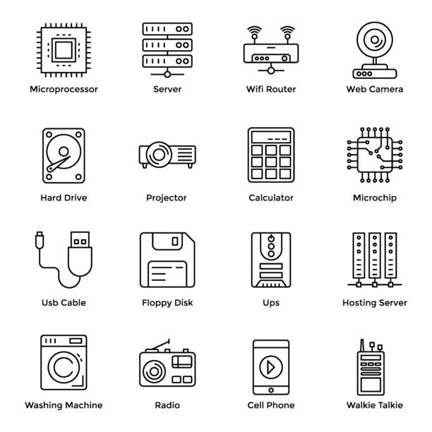 ilustraciones, imágenes clip art, dibujos animados e iconos de stock de conjunto de iconos de dispositivos de hardware - modem usb cable internet wireless technology