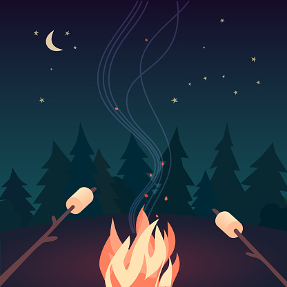 Marshmallow roasting hand drawn flat color vector icon. Marshmallows on skewers in night camping fire cartoon design. Campsite bonfire summer party sign. Wood campfire poster background illustration