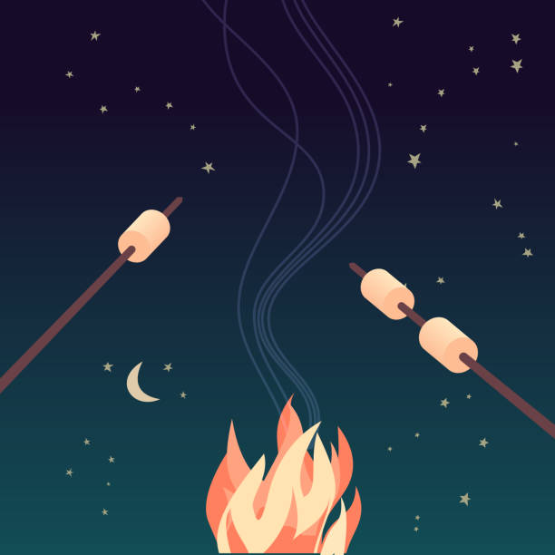 marshmallow pieczenia ręcznie rysowane płaski kolor wektor - camping campfire boy scout girl scout stock illustrations