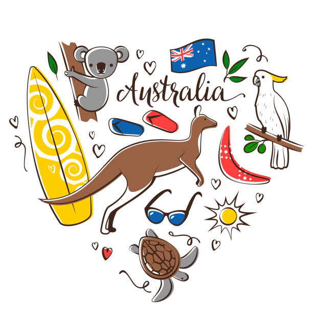 ilustraciones, imágenes clip art, dibujos animados e iconos de stock de símbolos de australia - australian culture illustrations