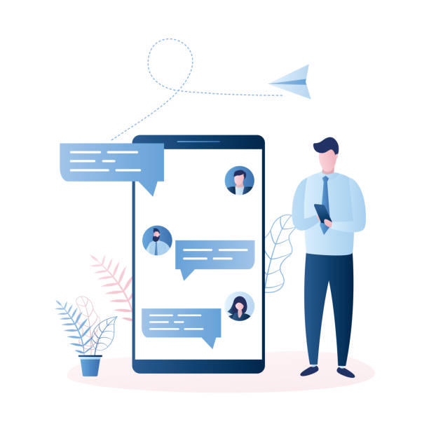 istock Online testimonials,big smartphone with speech bubbles and avatars, businessman with cellphone 1161435367