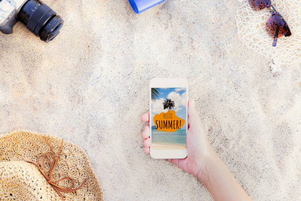 istock Top view with summer display of cell phone on a tropical beach. 1161437327