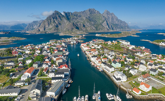 Aerial panorama of the famous fishing village Henningsvær, municipal Vågan, Lofoten, Norway. This tourist attraction lies on the island Austvågøya. Converted from RAW.
