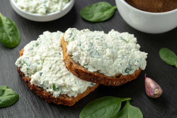 istock Ricotta cheese spinach sandwich with coffee. healthy breakfast 1161445770