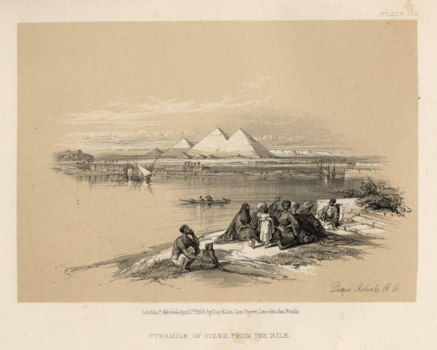 Great Pyramid of Giza from the Nile, Egypt, 19th Century Vintage engraving of Great Pyramid of Giza, Egypt. By David Roberts. 19th Century ancient egyptian art stock illustrations