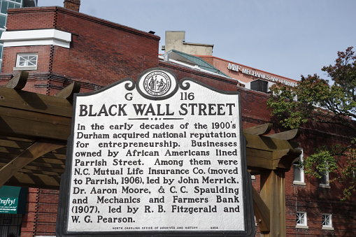 DURHAM,NC/USA - 10-23-2018: Historical marker in downtown Durham NC describing the history of African American business in the city