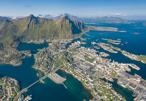 Aerial panorama of the famous fishing seaport Svolvær, municipal Vågan, Lofoten, Norway. This tourist attraction is the biggest fishing port in Nordland. Converted from RAW.