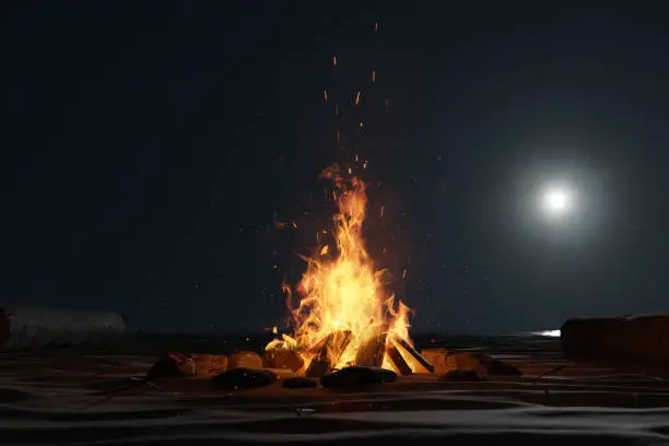 Photo of 3d rendering of large bonfire with sparks and particles in front of full moon light at sand beach