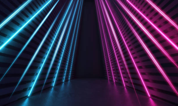 istock Futuristic Sci-Fi Modern Room With Stripes Shaped Color Glowing Neon Lines. 3D Rendering 1161453804