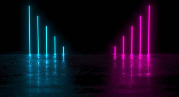istock Futuristic dark podium with color stripes and reflection background. 3D rendering. 1161454455