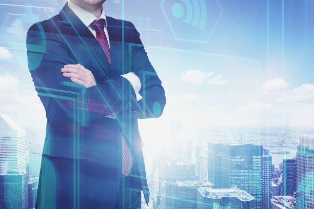 istock Confident businessman in city, digital interface 1161457296