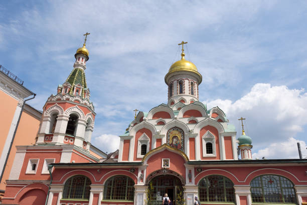 Russia, Moscow 12/29/2019. Decorated with New Year's lights, people come to pray at the temple.