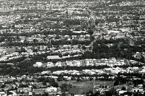 Black and white aerial view of city, Wollongong NSW Australia, horizontal composition