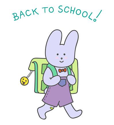 Back to school. The little smiling Rabbit with Bow tie,  Adhesive bandage on the knee holding his Backpack with Cataphote Smiley and goes to school