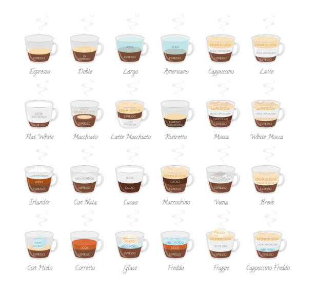 illustrations, cliparts, dessins animés et icônes de ensemble de 24 types de café et leur préparation dans le style de dessin animé vector illustration. noms en espagnol. - foamed milk