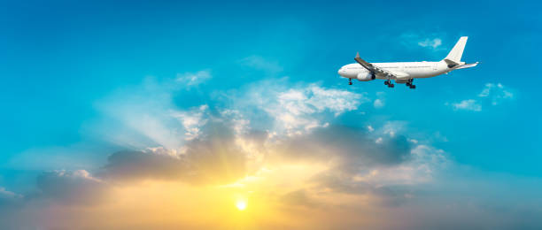 istock Airplane in the sky at sunrise 1161477582