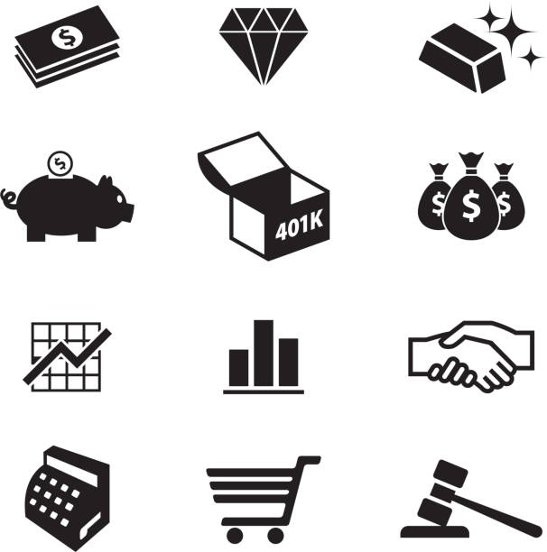 pieniądze i finanse czarny & białe wektor zestaw ikon - cash register wealth coin currency stock illustrations