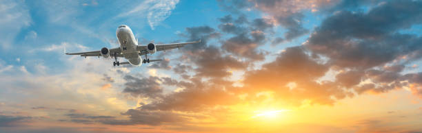 istock Airplane in the sky at sunrise 1161478110