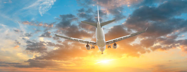 istock Airplane in the sky at sunrise 1161478113