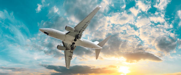 istock Airplane in the sky at sunrise 1161478125